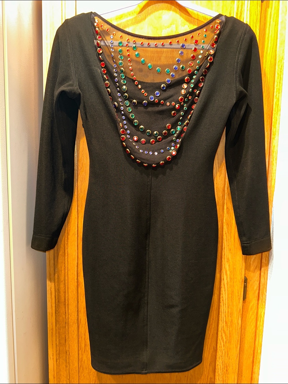 Tadashi Black Long-Sleeve Bodycon Dress with Multicolor Jeweled Mesh Back Sz XS
